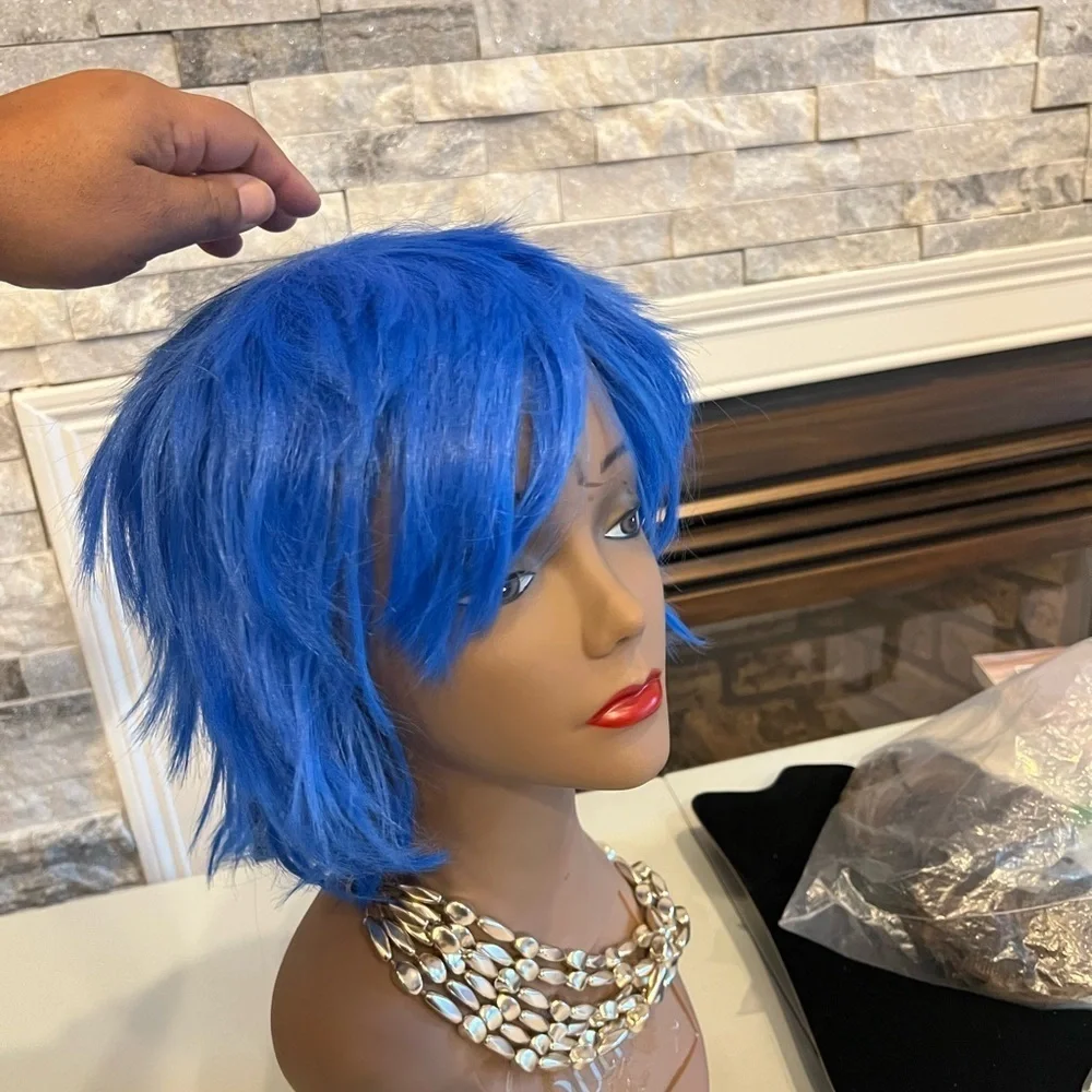 Vibrant Blue Anime Cosplay Wig – Layered Short Hair with Bangs for Cosplay